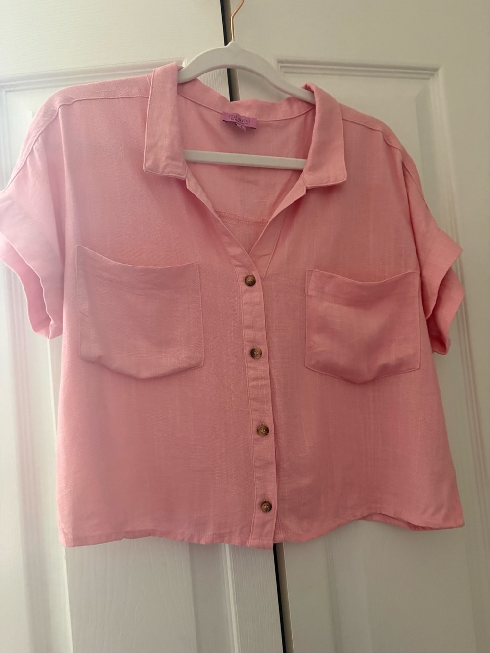 Boxy Short-Sleeve Button-Down Shirt in Light Pink